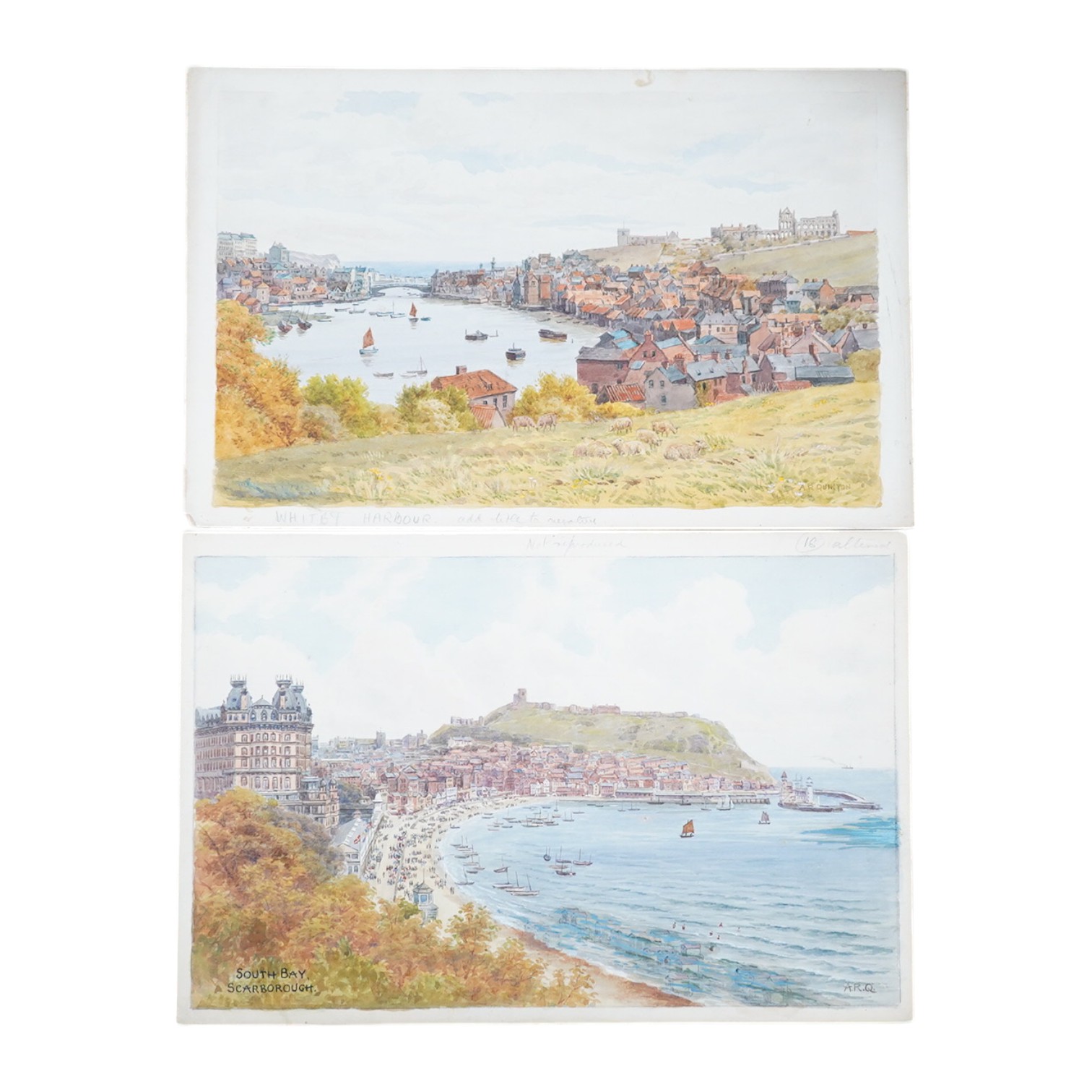 Alfred Robert Quinton (1853-1934), two watercolours on card, Whitby harbour and South Bay, Scarborough, each signed, 20 x 31cm, unframed. Condition